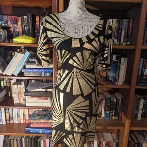 𝅺bebe gold and black fan scoop neck mini bodycon dress sz s guc